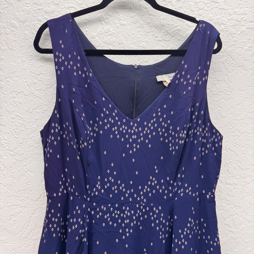 Eva Rose Womens 1X Blue Geometric Fit Flare Dress V Neck Sleeveless Midi